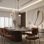 Contemporary dining room with warm timber finishes and pendant lighting, view 1