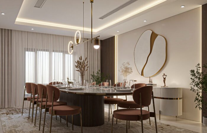 Contemporary dining room with warm timber finishes and pendant lighting, view 1