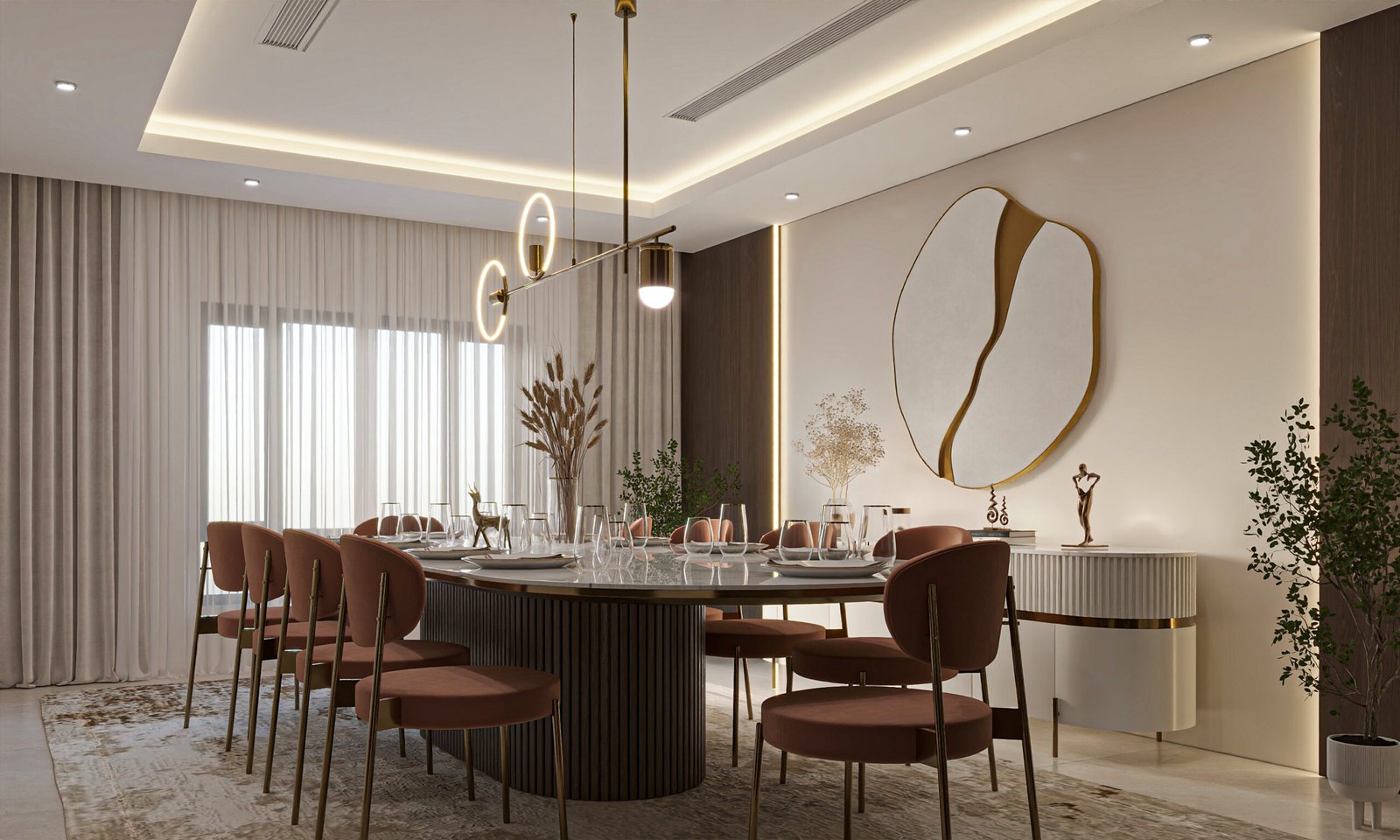 Contemporary dining room with warm timber finishes and pendant lighting, view 1
