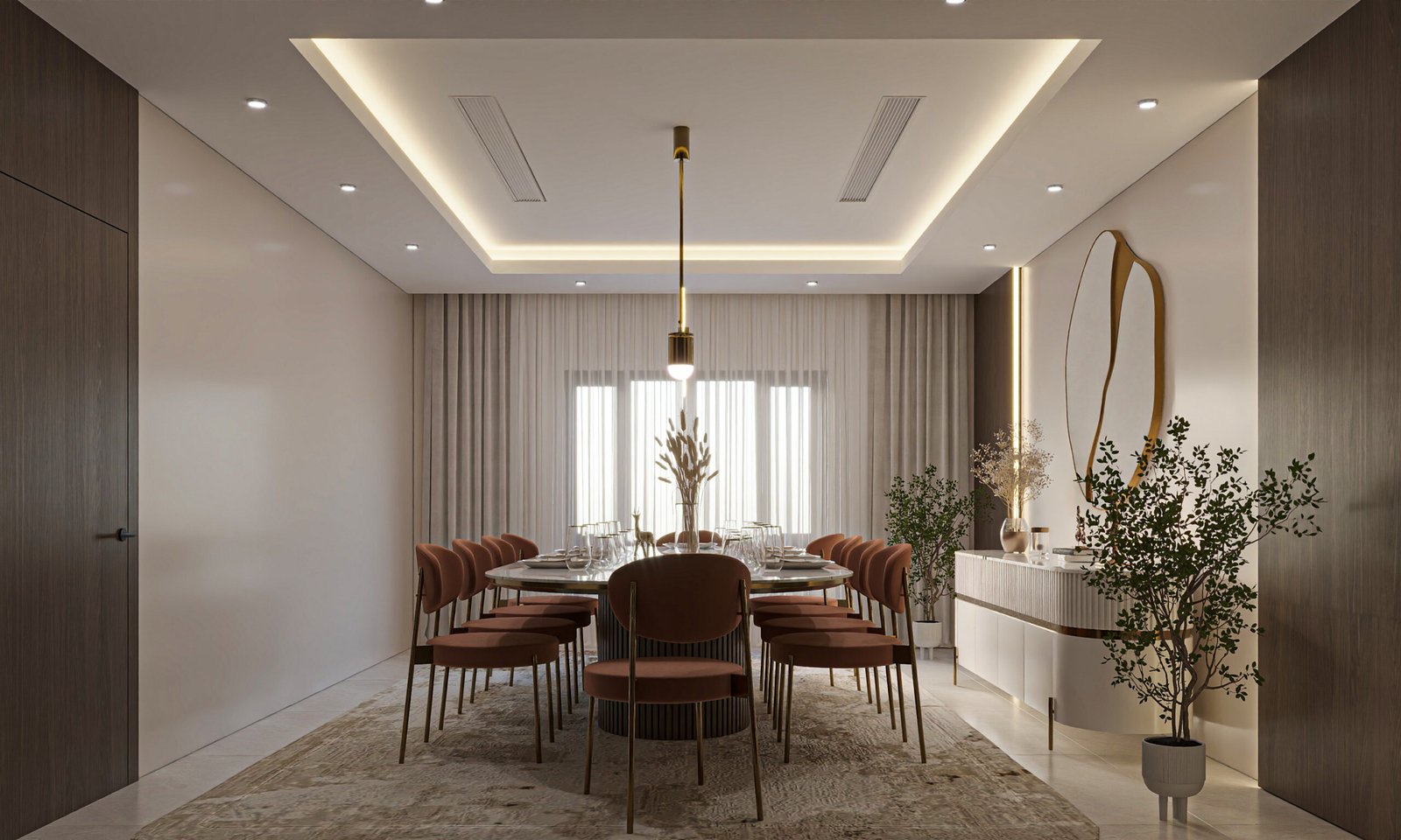 Contemporary dining room with warm timber finishes and pendant lighting, view 2