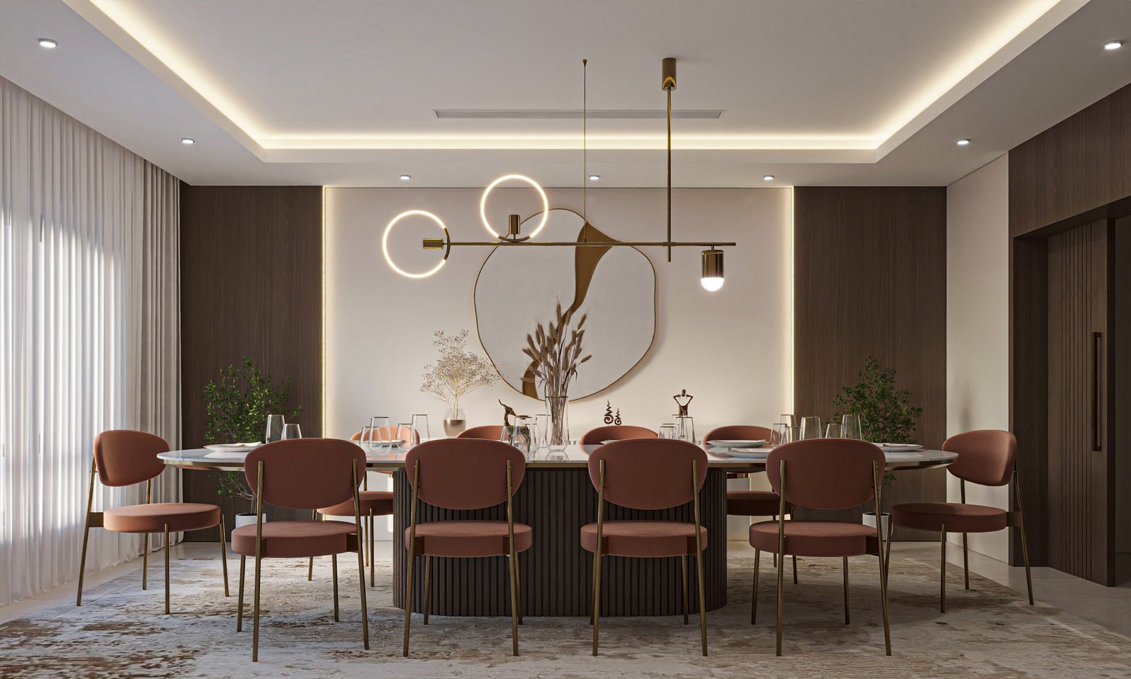 Contemporary dining room with warm timber finishes and pendant lighting, view 3