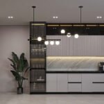 Modern kitchen with dark accents and integrated storage, view 1