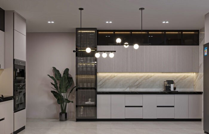 Modern kitchen with dark accents and integrated storage, view 1