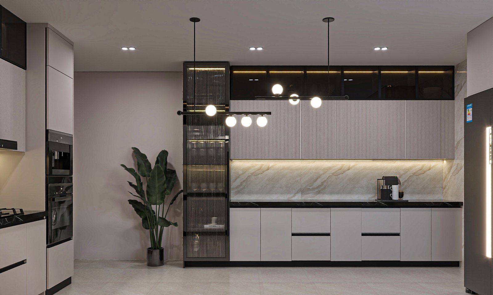 Modern kitchen with dark accents and integrated storage, view 1