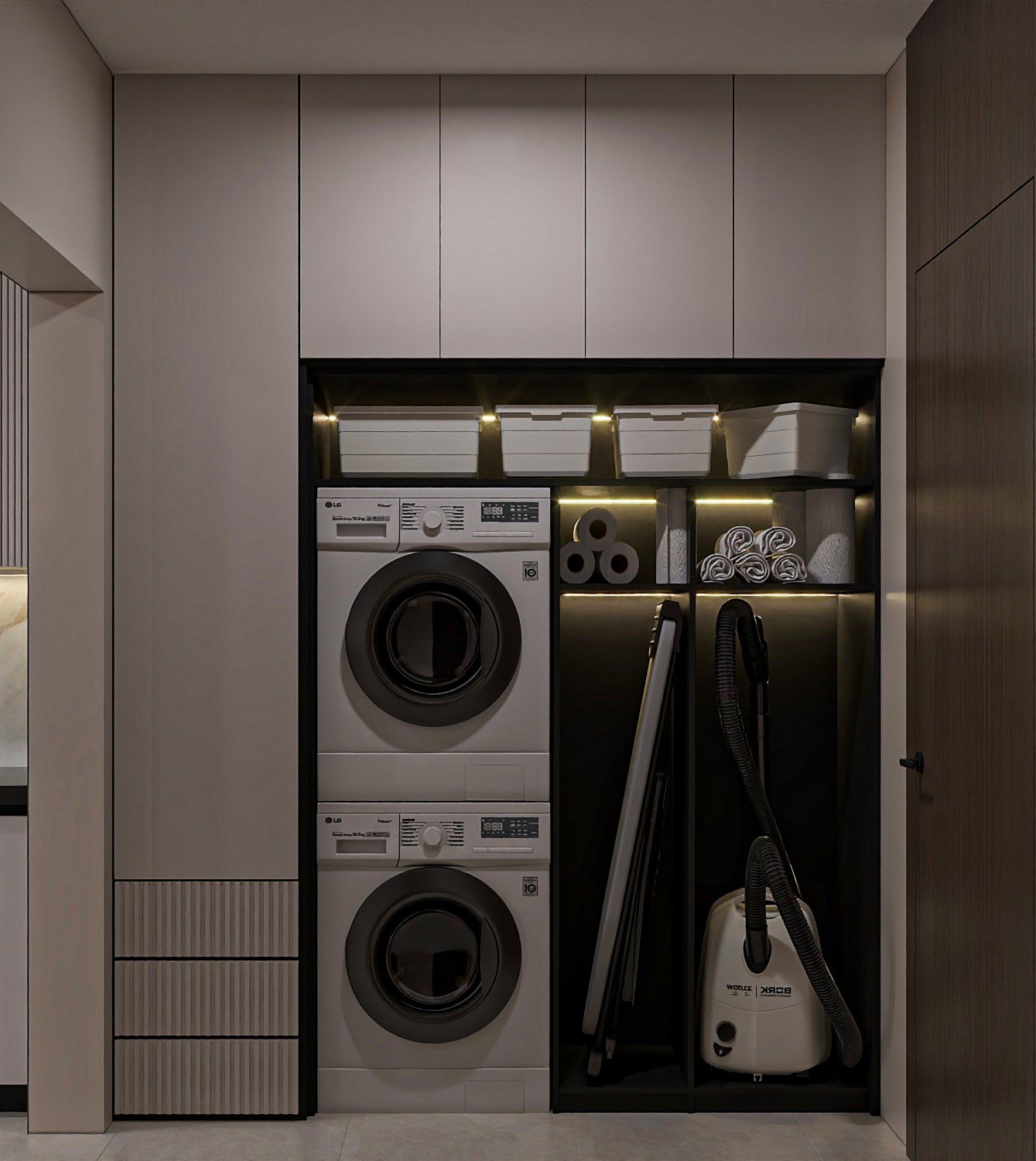 Modern kitchen with dark accents and integrated storage, view 2