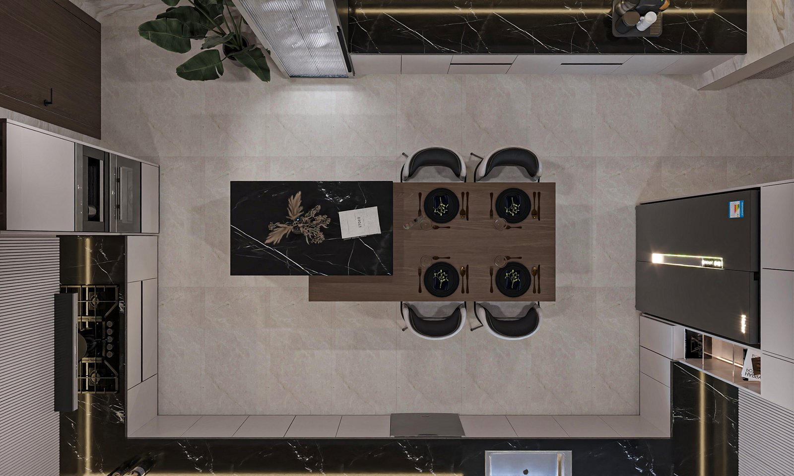 Modern kitchen with dark accents and integrated storage, view 3